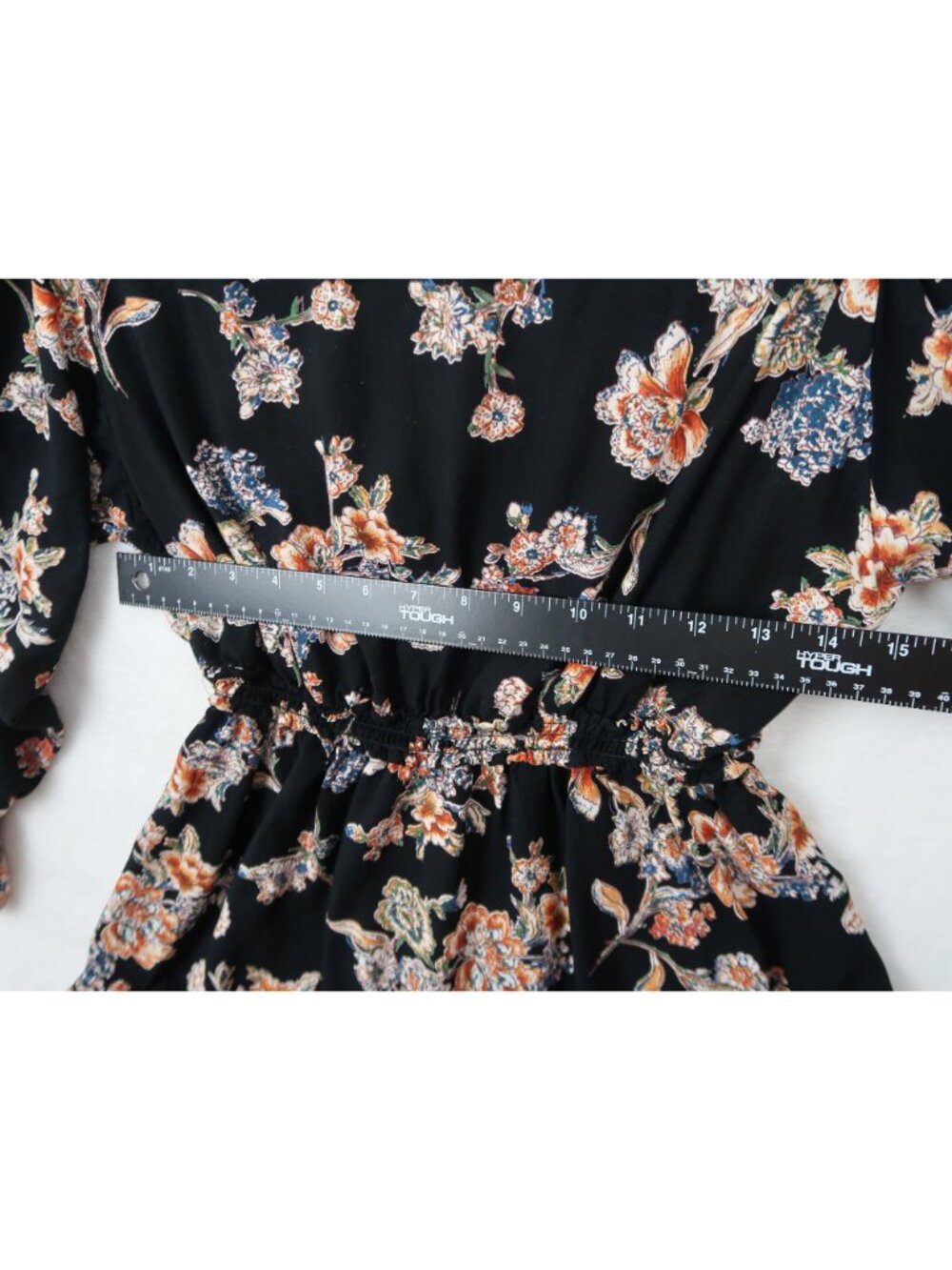Angie S Black Floral Rayon Long Sleeve V-Neck Top Boho Dark Witchy Whimsy Goth - Picture 4 of 6